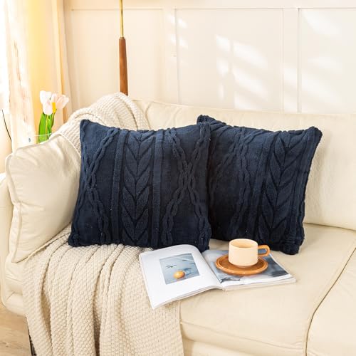 "YUSOKI Sherpa Throw Pillow Covers-3D Stylish Design,Set of 2-Decorative Fuzzy Fluffy Cozy Pillow Cases for Sofa Couch Bedroom Without Insert(Navy,18""x18"")"