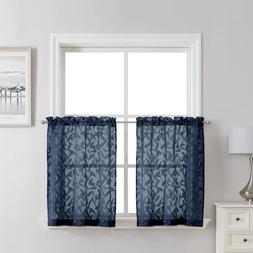 "Lecloud Leia Navy Blue Kitchen Sheer Curtains 24 Inch 2 Pcs, Jacquard Leaf Textured Voile Short Curtain Tiers with Dual Rod Pocket, Soft Airy Bathroom Bedroom Curtains for Small Windows, 28"" W x 24"" L"