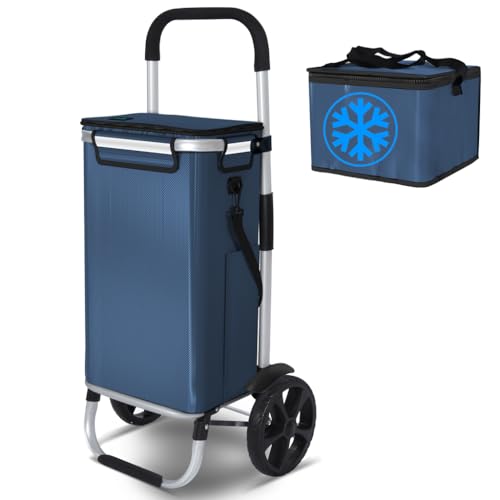 VOUNOT?? Folding Shopping Trolley, Aluminium Lightweight Shopping Basket with Insulated Cooling Bag, Waterproof Fabric, Mudguard Stair Climbing Wheels Grocery Trolley, 58L Navy Blue
