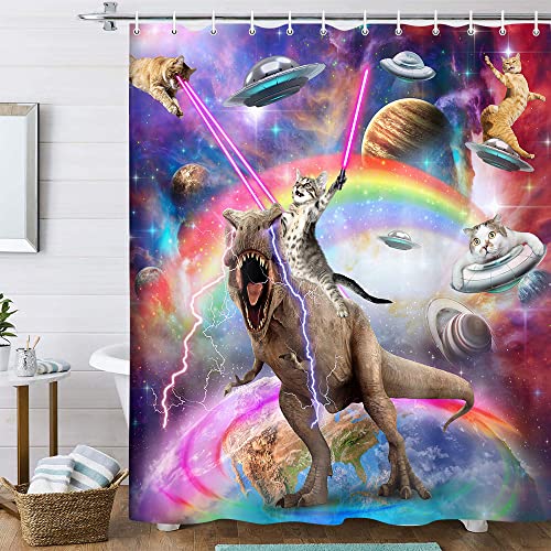 Uokiuki Funny Cat Shower Curtain Boys Kids Bathroom Decor, Cool Riding Dinosaur On Fantasy Galaxy Hilarious Curtain, Funky Outer Space Universe Anime Fabric with 12PCS Hooks, 70X84IN