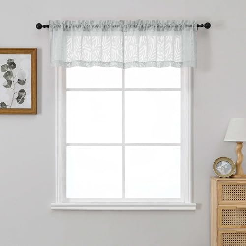 OVZME Light Grey Valances for Windows 14 Inch Length 2 Panels, Dual Rod Pocket Light Filtering Valances for Kitchen, Soft Airy Short Sheer Curtains with Leaf Jacquard Clip Design, 2x42Wx14L Inches