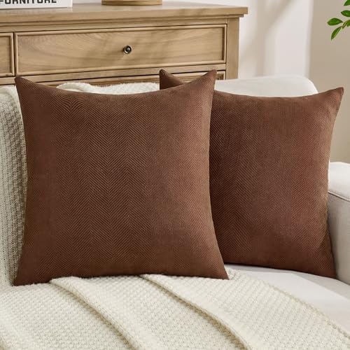 FUTEI Pack of 2 Chenille Throw Pillow Covers 18x18 Inch, Dark Brown - Elegant Herringbone Textured Design,Side Hidden Zipper,Machine Washable,Pill-Resistant,Colorfast,Insert Not Included.