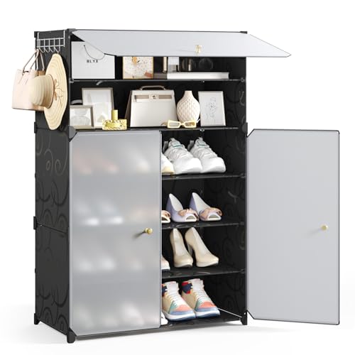 Mondeer Shoe Storage Cabinet, 6-Tier for 18 Pairs of Shoes, Oversized Plastic Shoe Rack with Doors, Removable Shelf and Hooks, for Hallway Entryway Closet, Black