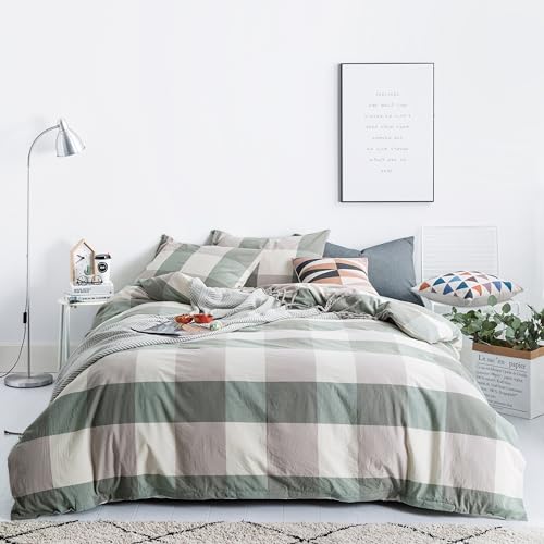 SUSYBAO Checkered Duvet Cover Queen 100% Washed Cotton Green Plaid Duvet Cover 3 Pcs Set 1 Sage Green Preppy Style Duvet Cover with Zipper Ties 2 Pillowcases Luxury Soft Gingham Bedding Set Comfy