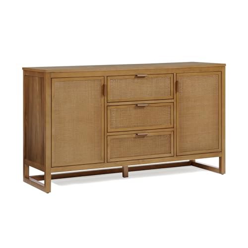 Teamson Home Hatteras 140 cm Wide Sideboard Cabinet with 3 Drawers, 2 Rattan Inset Doors, Adjustable Shelving and Dining Room Storage, Natural