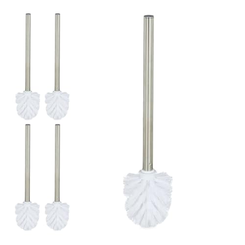 Relaxdays toilet brush set of 5, plastic, stainless-steel handle, removable head, H x D: 35 x 8 cm, white