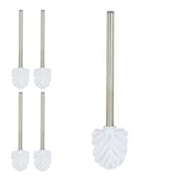 Relaxdays toilet brush set of 5, plastic, stainless-steel handle, removable head, H x D: 35 x 8 cm, white