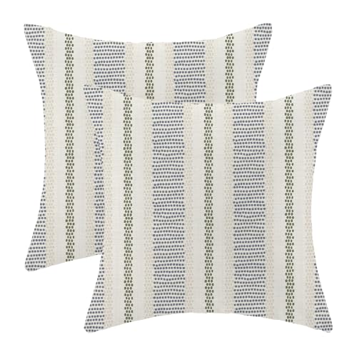 AEIOAE Navy Blue Sage Green Outdoor Pillow Covers 18 x 18 Inch, Beige Polka Dots Stripe Decor Throw Pillows for Couch Bed, Boho Modern Farmhouse Decorative Pillowcase Linen Cushion Cover Set of 2