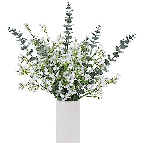 DEEMEI 18pcs Babys Breath Artificial Flowers Fake Eucalyptus Leaves Flowers Bouquet Artificial White Gypsophila Bouquets Real Touch Faux Flowers for Wedding Floral Arrangement Party Home Decoration