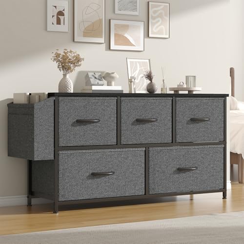 Feonase Fabric 5 Drawer Storage Cabinet with Side Pocket – Wide Dresser Chest for Bedroom, Hallway, Nursery & Closet, Metal Frame & Wood Top, Lightweight Storage Unit Deep Grey