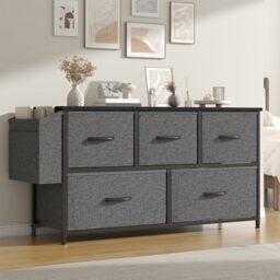 Feonase Fabric 5 Drawer Storage Cabinet with Side Pocket – Wide Dresser Chest for Bedroom, Hallway, Nursery & Closet, Metal Frame & Wood Top, Lightweight Storage Unit Deep Grey