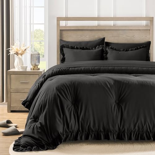 QUIETSEA Twin Bed in a Bag Black, 5 Pieces Comforter Set Twin - Ruffle Bedding Comforter Set, Shabby Chic Bed Set with Comforter, Pillowcase, Flat Sheet, Fitted Sheet and Pillow Sham