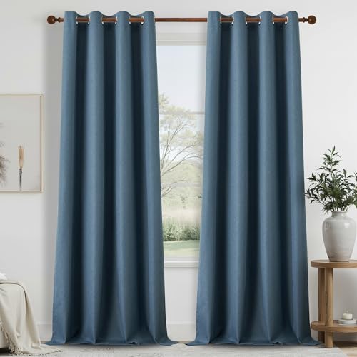 DONREN Total Blackout Linen Curtains 132 Inch Length for Bedroom Living Room, Farmhouse 100% Black Out Thermal Insulated Privacy Lightweight Grommet Curtain Panels, Denim Blue, W52 x L132, 2 Panels