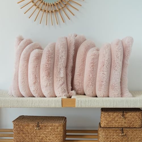JOJUSIS Pack of 2 Faux Fur Plush Decorative Throw Pillow Covers Sofa Cushions Case Soft Fluffy Pillowcases Wide Stripe (Pink, 16 x 16 Inch)