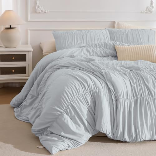 "Masaca Oversized King Comforter(120""x98""),Light Blue Ruched Ruffle Bedding Comforter Set,3 Pieces Lightweight California King Farmhouse Shabby Boho Chic French Country Bedding Set for All Season"