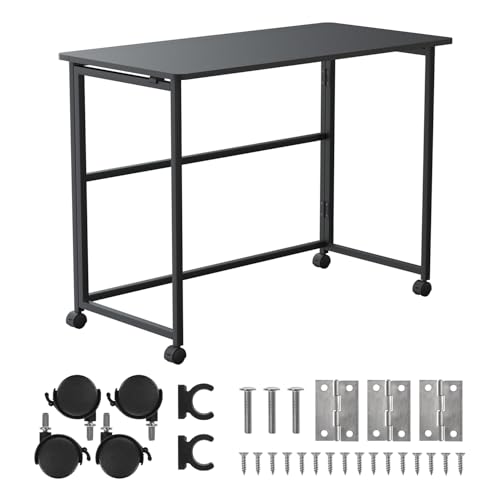 Maclean MC-1250 B folding desk with castors, top 100 x 50 cm, load capacity 50 kg, quick folding, height 75 cm, compact mobile table in black for computer, teleworking, studying, home side