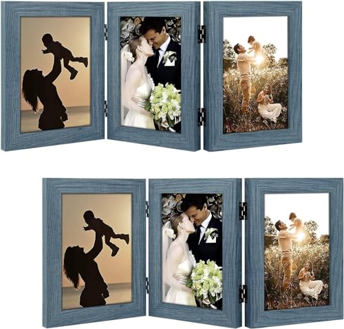 Golden State Art, 5x7 Triple Picture Frame Vertical, Engineered Wood Trifold Photo Frame, with Real Glass for Desktop - Three Folding Picture Collage (5x7, Blue, 2 Pack)