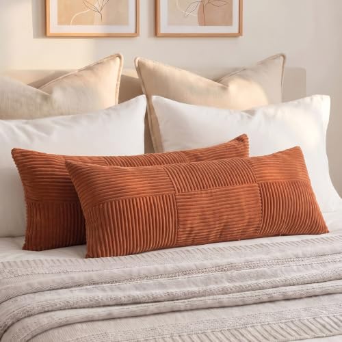 Fancy Homi Set of 2 Rust Boho Long Lumbar Body Decorative Throw Pillow Cover 14x36 Inch for Bed Couch Bedroom Bench, Soft Patchwork Corduroy Textured Pillow Case, Rustic Farmhouse Room D??cor