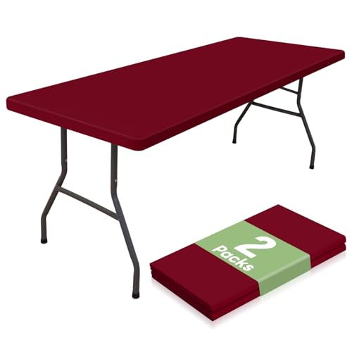 "misaya 2 Packs Rectangle Spandex Tablecloths, Stretch Elastic Tablecloth Cover Fitted for 6 Foot Tables, Waterproof Polyester Washable Table Cloth for Dining, Party, Outdoor (Wine Red, 30"" x 72"")"