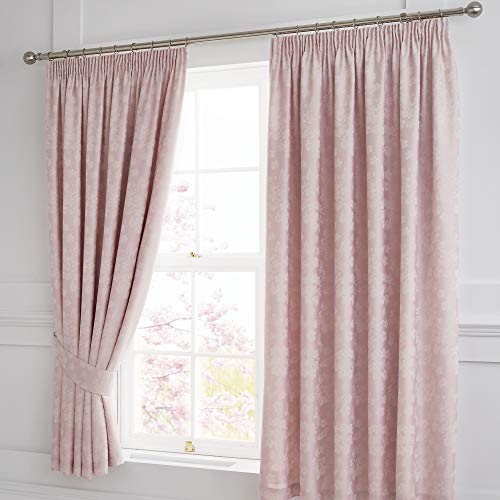 "Serene Blossom-Jacquard Lined Pencil Curtains with Tie-Backs, Blush Pink, 66"" Width x 72"" Drop (168 x 183cm)"