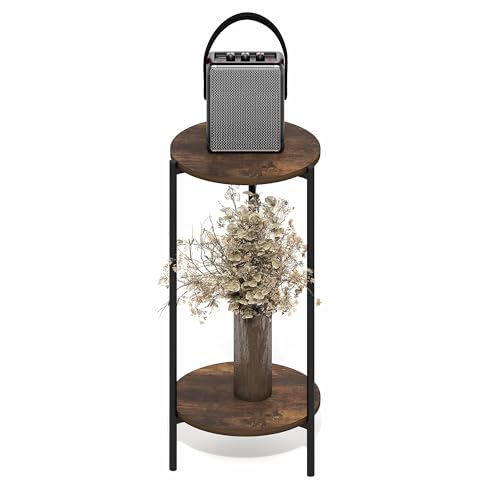 Furinno BESI Side Table, 2-Tier Tall Round Narrow End Table with Metal Legs, Metal Frame Night Stand, Bedside Table with Open Shelf, Easy Assembly, for Living Room, Bedroom, Amber Pine