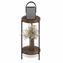Furinno BESI Side Table, 2-Tier Tall Round Narrow End Table with Metal Legs, Metal Frame Night Stand, Bedside Table with Open Shelf, Easy Assembly, for Living Room, Bedroom, Amber Pine