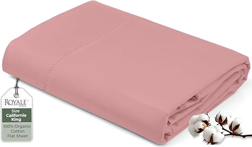 "Royale Linen 100% Organic Cotton California King Flat Sheet Only - Super Soft - Percale Top Sheets - California King Flat Sheet Sold Separately - Cool & Crisp White Sheets Only (108"" x102"", Pink)"