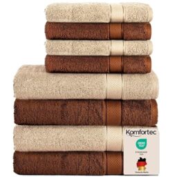 Komfortec Set of 8 Hand Towels 100% Cotton, 4 Bath Towels 70 x 140 cm and 4 Hand Towels 50 x 100 cm, Terry Clothing, Soft, Large Towel, Brown/Beige
