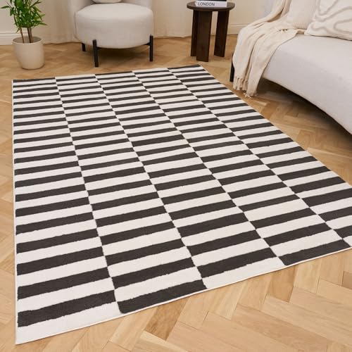 THE RUGS Living Room Rug, Loft Collection – Modern Textured 14mm Soft Pile Area Carpet, Non-Shedding & Easy Care [ Block Stripe Dark Grey, 200x290 cm]