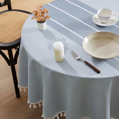 ZeeMart Contrast Linen Round Table Cloth 52 Inch Blue - Heavy Weight Linen Textured Tablecloth, Handsewn Tassels, Modern Farmhosue Table Decor, Water Resistant Burlap Table Cover