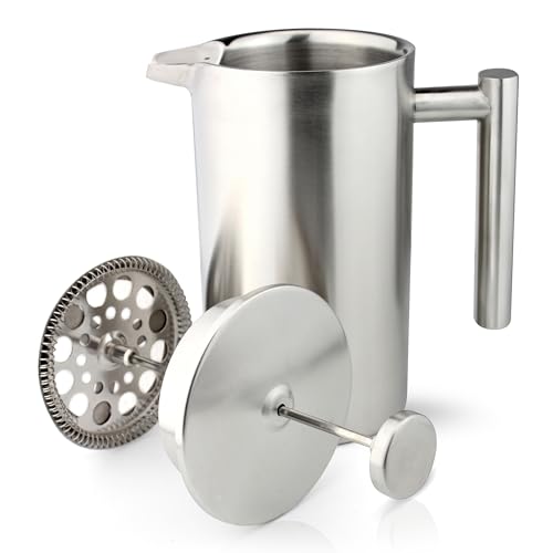 Grunwerg Double-Wall Straight Sided Cafetiere 8 Cup - Mirror Finish Stainless Steel