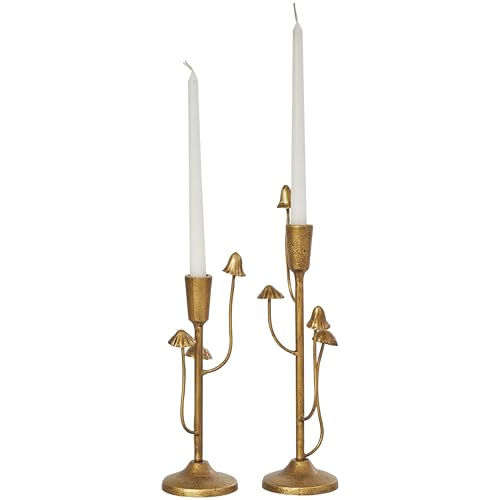 "Deco 79 Metal Abstract Decorative Candle Holder Mushroom Inspired Candle Stand, Set of 2 Candlestick Holder 11"", 14"" H, Gold"