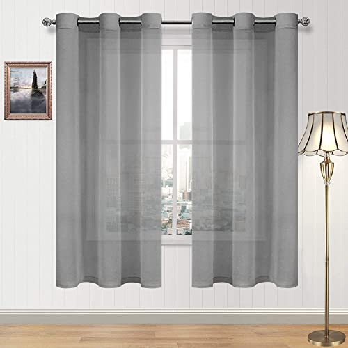 DWCN Grey Sheer Curtains for Living Room Bedroom - Faux Linen Look Voile Drapes Grommet Top Window Curtain Panel 42 x 63 Inch Length, Set of 2 Panels