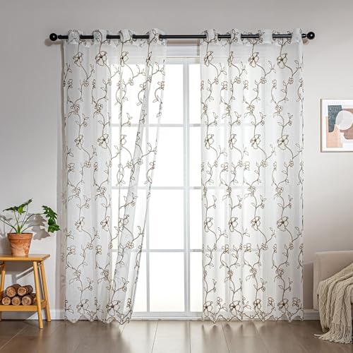 SLEEP ZONE Sheer Curtains for Living Room and Bedroom, Embroidered Sheer Curtains White Sheer Curtain 52 ?? 84 inches Long of 2 Panels, White Floral Leaf