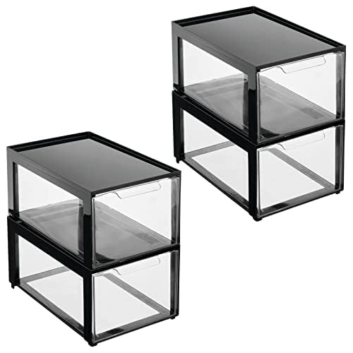 mDesign Plastic Desk Organizer and Storage Bin w/Pull Out Drawer - Stackable Office Storage Container for Office Supplies - Desktop Drawer Organizer - Lumiere Collection - 4 Pack - Black/Clear