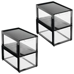 mDesign Plastic Desk Organizer and Storage Bin w/Pull Out Drawer - Stackable Office Storage Container for Office Supplies - Desktop Drawer Organizer - Lumiere Collection - 4 Pack - Black/Clear