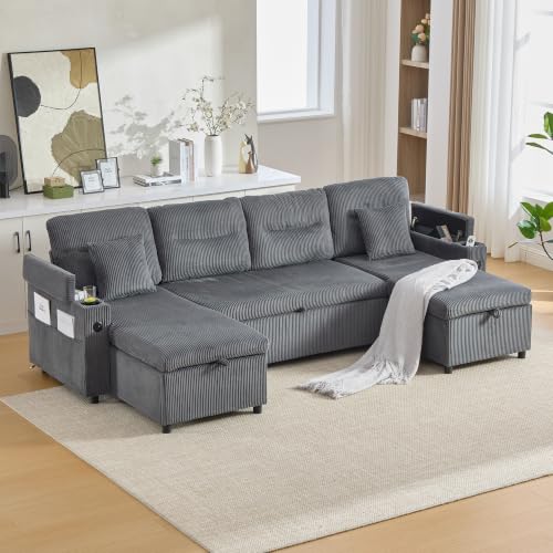 Ball & Cast Corner Sofa Bed, U-Shaped Convertible Sleeper Sectional Sofa Bed with Storage, Cup Holders and 2 Cushions, 4 Seater Corduroy Pull Out Couch Bed for Living Room, Charcoal Grey