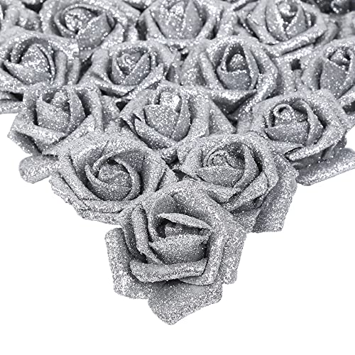 IPOPU AONELAS Artificial Flowers, 25pcs Foam Glitter Roses Glitter Foam Rose Foam Rose with Stem for DIY Wedding Bridal Bouquet Home Party Christmas Decoration(Silver)