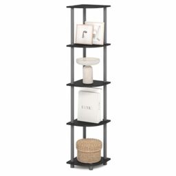 Furinno TURN-N-TUBE Corner Shelf, 5-Tier Corner Bookshelf, Open Storage Shelves, for Organization and Storage, Living Room, Home Office, Garage, Bedroom, Plain Black