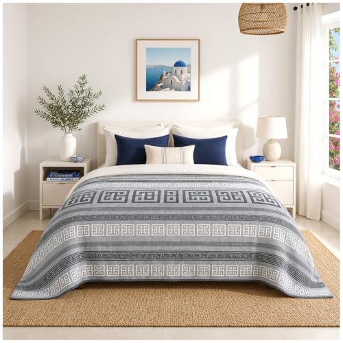 GC GAVENO CAVAILIA Fleece Throw Blanket Greek Border Bed Throw, Grey - Cozy & Warm, Soft Texture Polyester Sherpa Fleece Blanket - Lightweight, Breathable Fluffy Throw For Bed Sofa Couch,200x240cm