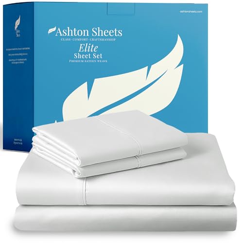 "Ashton Sheets 100% Egyptian Cotton Sheets King Size - 800 Series Elite Collection Egyptian Cotton Bed Sheet Set (4 PC, White), Soft, Cooling, 16"" Deep Pocket Sateen Weave Luxury Hotel Bedsheet"