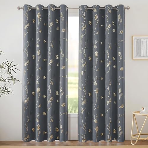 BUHUA Heat Blocking Curtains, Black Out Curtains 95 Inch Long 2 Panels Burg, Soundproof Curtains with Gold Leaf Printed (52 x 95 Inch, Light Grey, Set of 2 Panels)