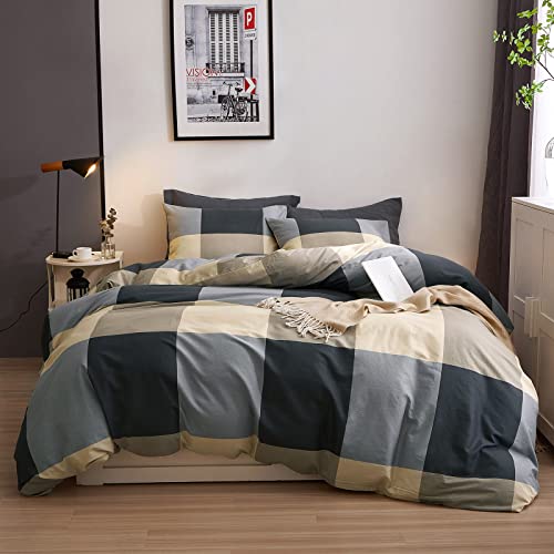 VM VOUGEMARKET Full Comforter Set,3 Pieces Black Gray Plaid Bedding Comforter with 2 Pillowcases Modern Simple Checkered Comforter Set for Teens Boys Men-80x90 Inch