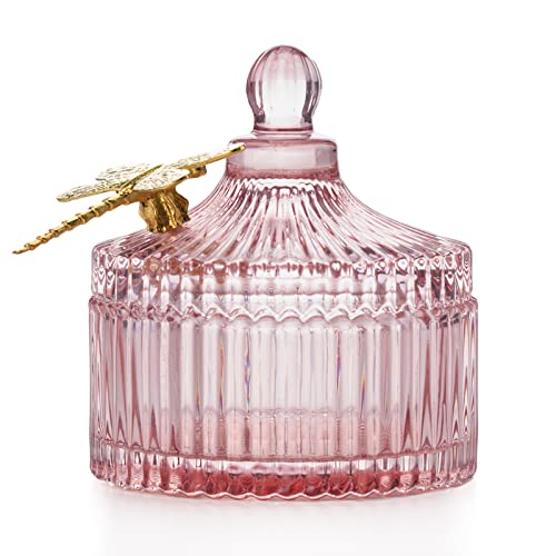 AmeliaHome Storage Box with Lid, Organiser Made of Glass, Cosmetic Box, Dragonfly, 10.5 x 11.9 cm, Powder Pink