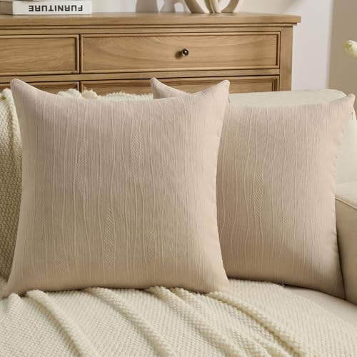 FUTEI Pack of 2 Chenille Throw Pillow Covers 22x22 Inch, Beige - Double-Sided Elegant Line Textured Design,Side Hidden Zipper,Machine Washable,Pill-Resistant,Colorfast,Insert Not Included.