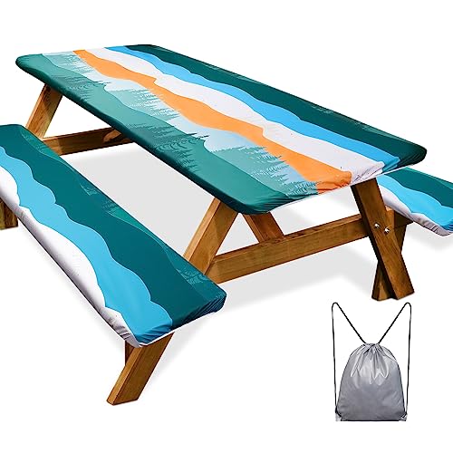 Picnic Table Cover with Bench Covers 6FT 3 Pcs Waterproof Windproof Camping Tablecloth with Drawstring Bag, Fitted Rectangle Tables and Seats, 72in, Orange Blue