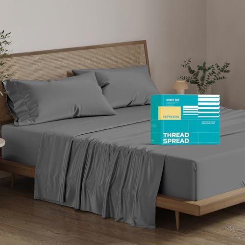 "THREAD SPREAD Egyptian Cotton Sheets Queen Size - 800 Series High Thread Count Bed Sheets Queen Size (4 PC, Dark Grey) 16"" Deep Pocket, Cooling, Sateen Weave Euphoria Collection Luxury Hotel Bedding"