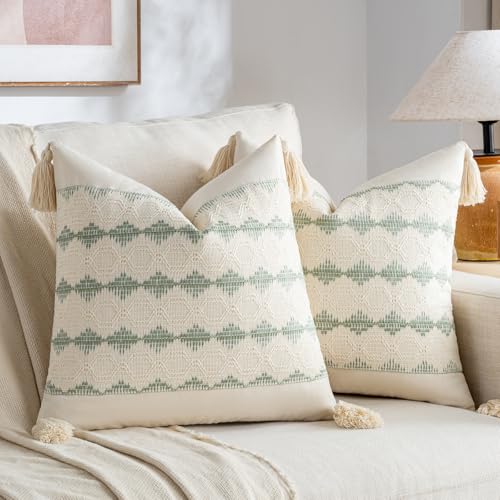Fancy Homi Set of 2 Sage Green Boho Decorative Throw Pillow Covers 18x18 Inch for Living Room Bedroom Couch Bed Sofa Chair, Rustic Retro Cushion Case with Tassels, Bohemian Farmhouse Room Home D??cor