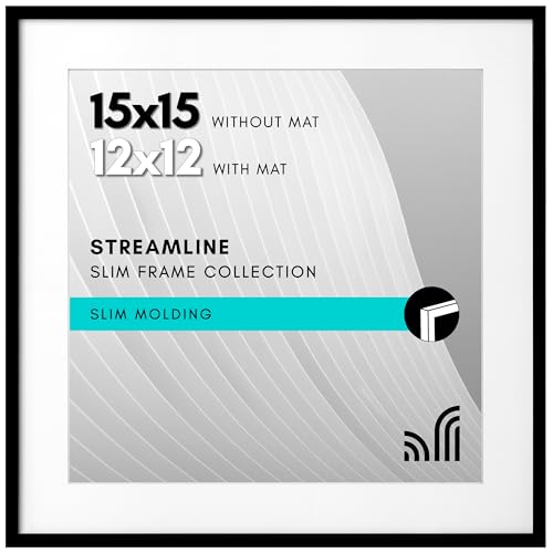 Americanflat 15x15 Picture Frame with Polished Plexiglass - Use as 12x12 Frame with Mat or 15x15 Frame Without Mat - Streamline Collection - Thin Square Picture Frame for Wall Display - Black