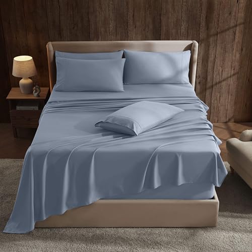 Hearth & Harbor Extra Deep Pocket Cal King Size Sheets Sets - Fits Mattress 18-24 Inches Deep - Extra Deep Pocket Sheets - 6 Piece California King Size - Stone Blue